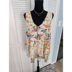 Lavish Top Women's L Orange Floral Birds Tiered Tank Sleeveless Chiffon Romantic